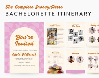 Bachelorette Itinerary Digital Template | Complete Planner | Edit on Canva | Customizable for Mobile, Desktop, Groovy Retro