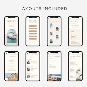 May include: A set of eight phone screen mockups with different layouts for a travel itinerary. The layouts include a table of contents, overview, details, tours, attire, restaurants, and packing list. The mockups are designed in a minimalist style with a white background and black text.