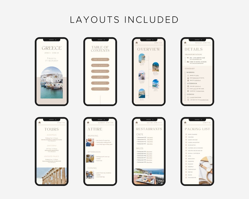 May include: A set of eight phone screen mockups with different layouts for a travel itinerary. The layouts include a table of contents, overview, details, tours, attire, restaurants, and packing list. The mockups are designed in a minimalist style with a white background and black text.