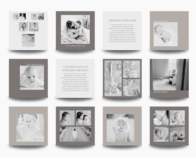 Puede incluir: Un collage de fotos en blanco y negro del primer a&ntilde;o de un beb&eacute;. El collage incluye fotos del beb&eacute; a diferentes edades, incluyendo una foto del beb&eacute; con un pastel de cumplea&ntilde;os, una foto del beb&eacute; durmiendo y una foto del beb&eacute; sentado.