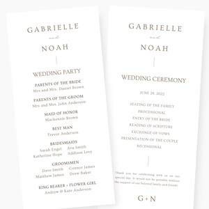 Könnte beinhalten: Hochzeitszeremonie-Programm mit den Namen Gabrielle und Noah, dem Datum 28. Juni 2022 und einer Liste der Hochzeitsgesellschaft und der Reihenfolge der Zeremonie.