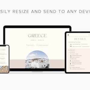 May include: A mockup of a website on a laptop, tablet, and phone. The website is for a travel itinerary for Greece, June 5-18. The website includes a section for tours, details, and an itinerary.