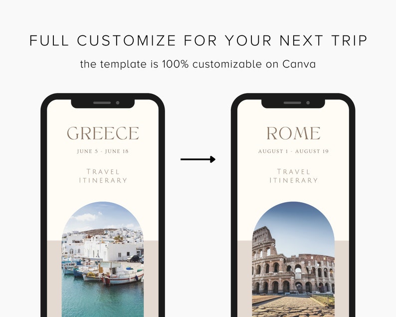 May include: Two phone screen mockups showing travel itineraries for Greece and Rome. The Greece itinerary is for June 5-15 and the Rome itinerary is for August 1-19. Both itineraries have a travel itinerary title and a photo of a famous landmark in the background.