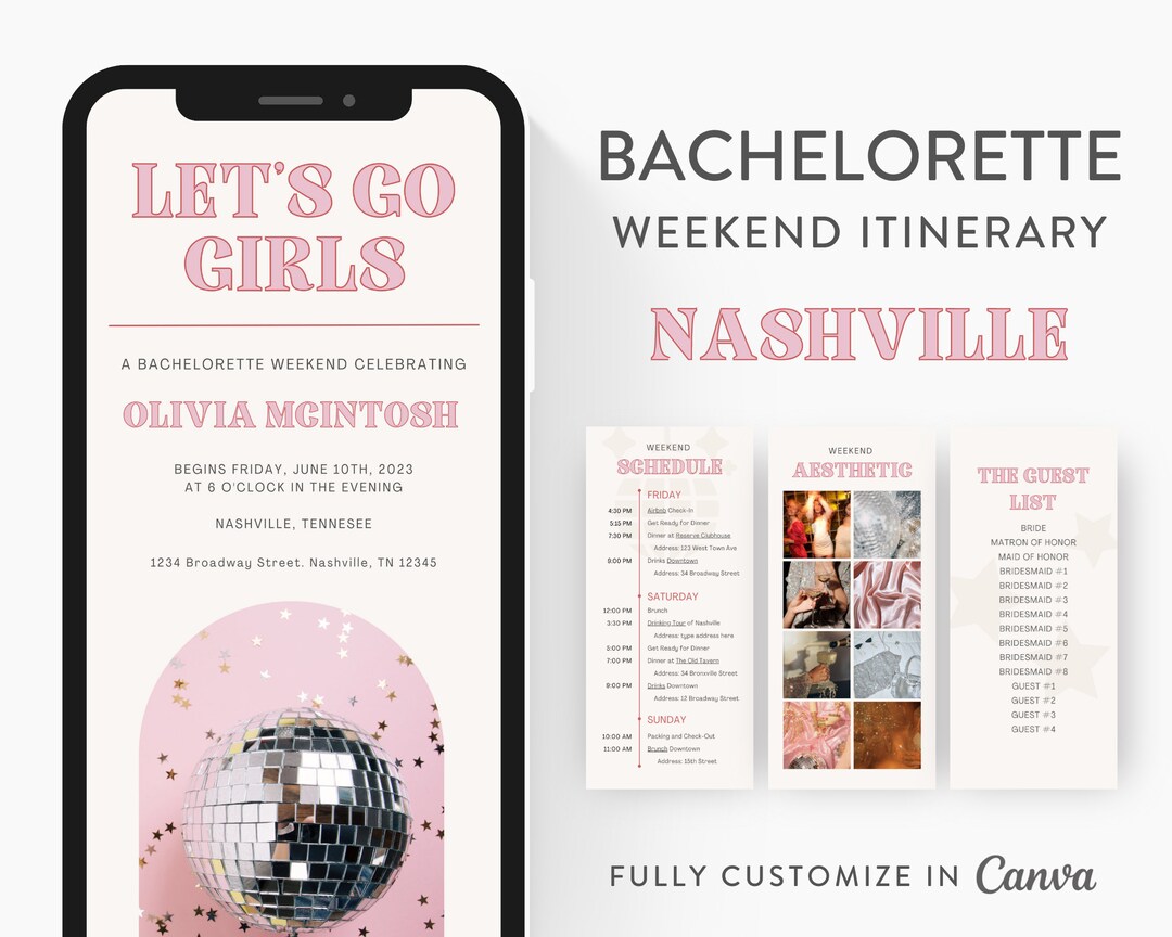 Bachelorette Itinerary Template, Nashville Themed, Editable on Canva