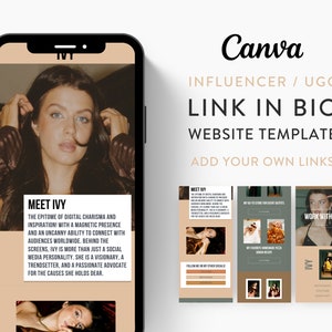 Può includere: Un mockup di uno schermo di telefono che mostra un modello di sito web per influencer dei social media. Il modello presenta una foto di una donna con il testo "Meet Ivy" e una descrizione di lei. Il modello include anche sezioni per "Lavora con me" e "Seguimi sui miei altri social".