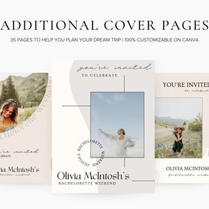 May include: Three printable cover pages for a bachelorette weekend. The covers feature a light brown background with a white border and text that says "You're invited to celebrate Olivia McIntosh's Bachelorette Weekend". Each cover has a different photo of a woman in a natural setting.