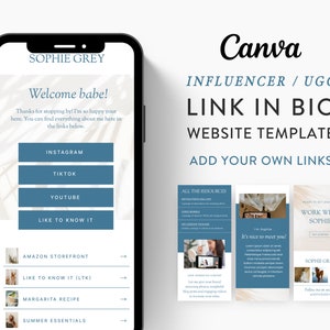 Canva-mall för länk i bio för marknadsföring i sociala medier, influencers, coacher, bloggar, UGC-skapare | SOPHIE GREY-tema | Modern minimalistisk