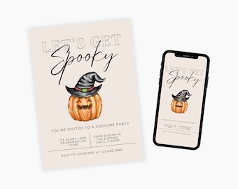 Invitation à la fête d’Halloween verticale, édition sur Canva, téléchargement numérique, carte modèle imprimable, invitation à une fête d’Halloween mobile numérique
