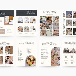 May include: A printable checklist for a weekend getaway. The checklist includes sections for rooms and partners, weekend attire, Friday attire, grocery checklist, weekend reservations, and travel details. The checklist is designed in a minimalist style with a neutral color palette.