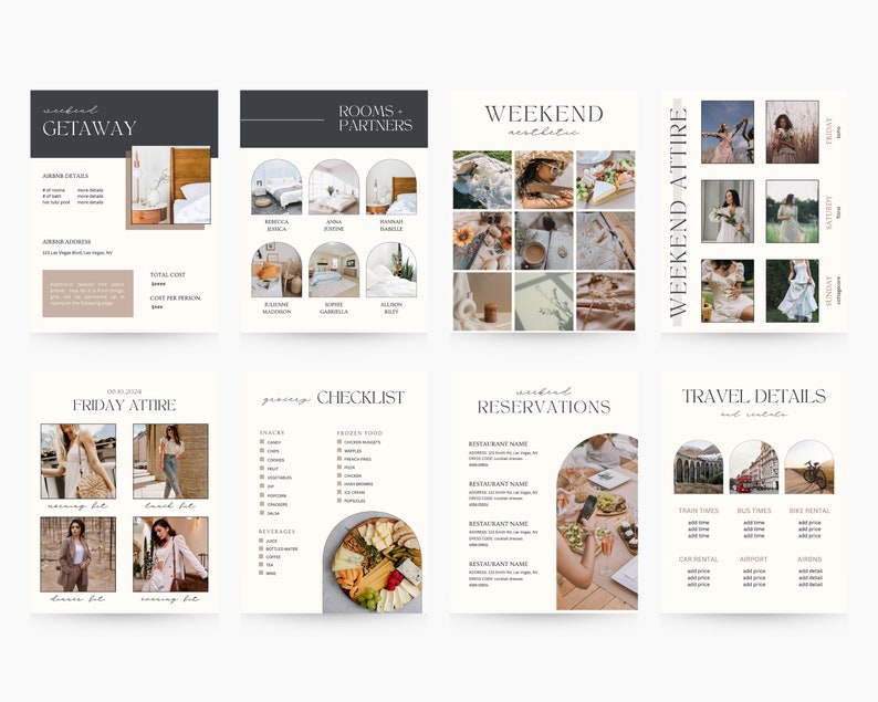 May include: A printable checklist for a weekend getaway. The checklist includes sections for rooms and partners, weekend attire, Friday attire, grocery checklist, weekend reservations, and travel details. The checklist is designed in a minimalist style with a neutral color palette.