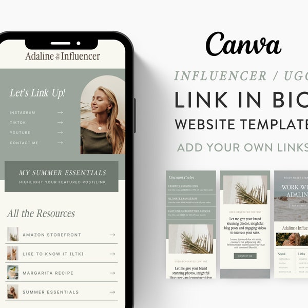 Canva Link in Bio Template for Social Media Marketing, Influencers, Coaches, Blogs, UGC Creators | ADALINE Theme | Modern Minimal