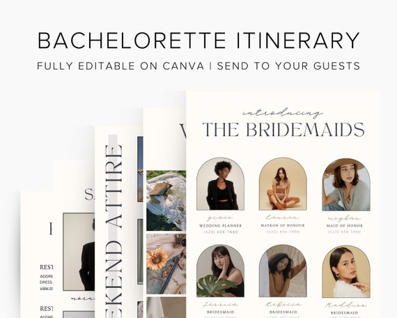 Bachelorette Itinerary Digital Template | Complete Bachelorette Planner | Edit on Canva | Customizable for Mobile, Desktop, Modern Neutral