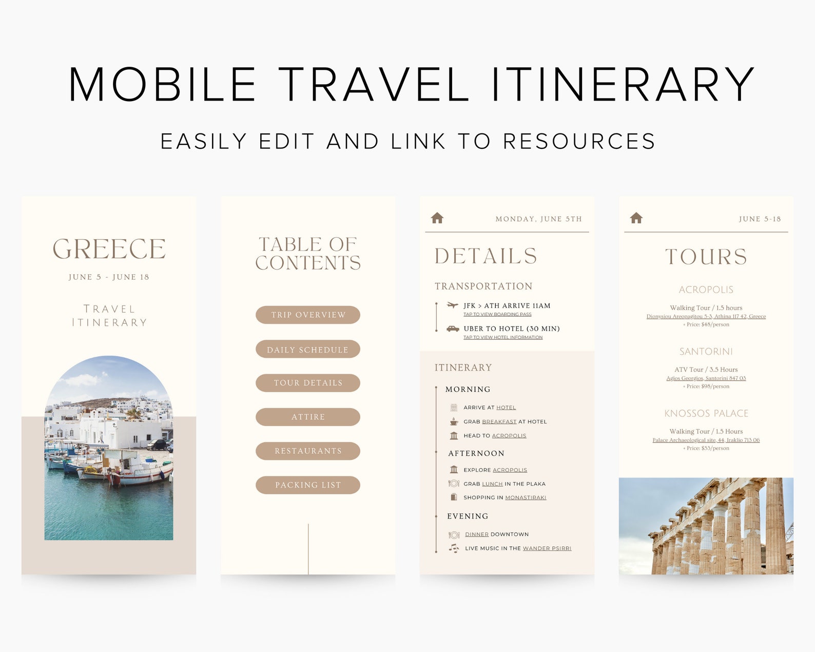 Travel Itinerary Mobile Template Modern Minimal Classic, Editable on ...