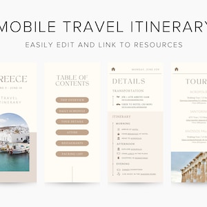 Modelo móvel de itinerário de viagem moderno mínimo clássico, editável no Canva, para impressão, download de modelo digital, guia de viagem Grécia
