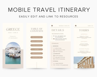 Travel Itinerary Mobile Template Modern Minimal Classic, Editable on Canva, Printable, Digital Template Download, Traveling Guide Greece