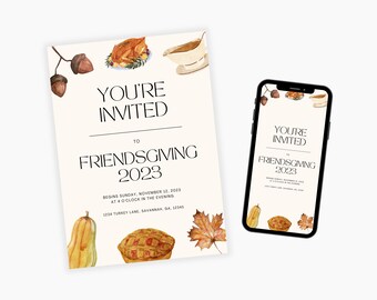 Friendsgiving Party Invitation verticale, modifier sur Canva, téléchargement numérique, carte modèle imprimable, invitation numérique mobile à la fête de Thanksgiving