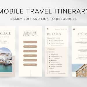 May include: A mobile phone screen displaying a travel itinerary for Greece. The itinerary includes a table of contents, details about transportation, and a daily schedule. The screen also shows a picture of the Acropolis in Athens, Greece.