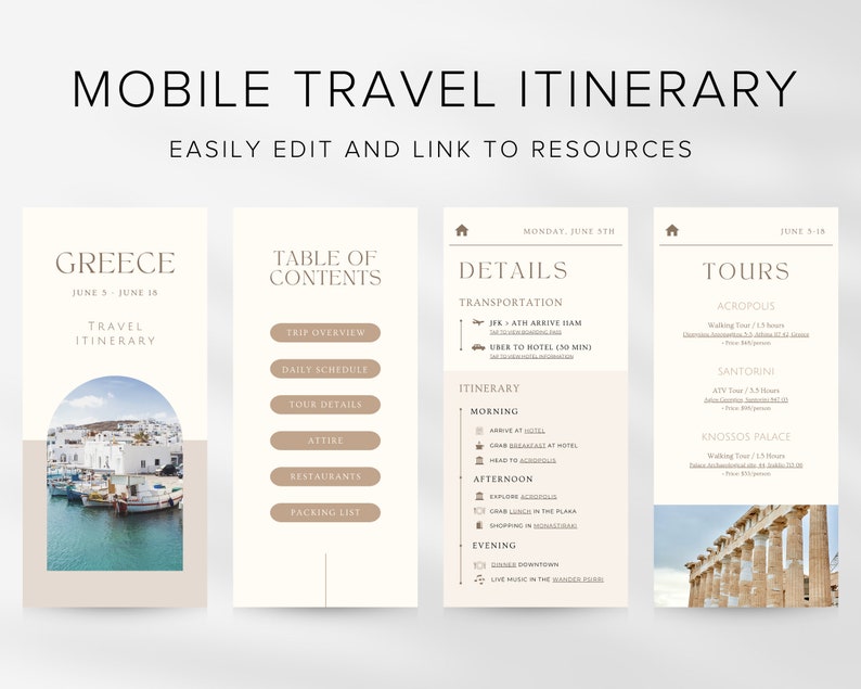 May include: A mobile phone screen displaying a travel itinerary for Greece. The itinerary includes a table of contents, details about transportation, and a daily schedule. The screen also shows a picture of the Acropolis in Athens, Greece.