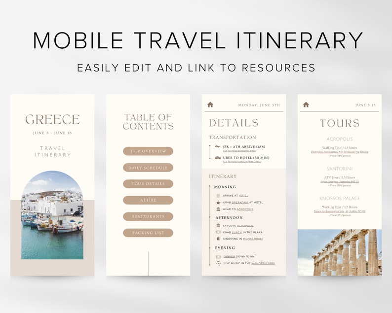 Travel Itinerary Mobile Template Modern Minimal Classic, Editable on Canva, Printable, Digital Template Download, Traveling Guide Greece image 3