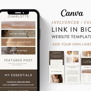 Può includere: Lo schermo di un telefono cellulare che mostra un modello di sito web per influencer dei social media. Il modello presenta uno schema di colori marrone e beige con testo che recita "CHARLOTTE", "discounts", "social media", "amazon storefront", "partnerships", "featured post", "my essentials", "favorite curling iron", "use the code CHARLOTTE for 20% off your first order", "ultimate lash serum", "my passions", "user-generated content", "visit my website", "social" e "links".
