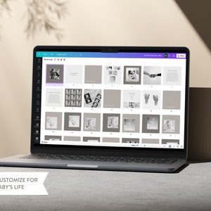 Puede incluir: Una pantalla de computadora port&aacute;til que muestra una interfaz de software de edici&oacute;n de fotos con una cuadr&iacute;cula de im&aacute;genes, incluidas fotos en blanco y negro de los pies, las manos y la cara de un beb&eacute;. El texto "FULLY CUSTOMIZE FOR YOUR BABY'S LIFE" se muestra debajo de la computadora port&aacute;til.