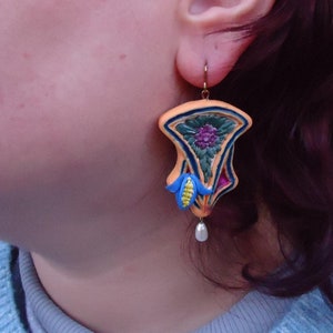 Gaudi spring earrings, Gaudi jewelry, Gaudi imitation long orange, blue, green, purple polymer clay earrings, faux enamel