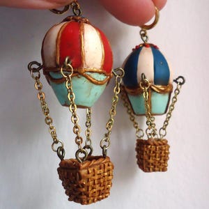 Hot air balloon earrings handmade from polymer clay vintage style  red blue white