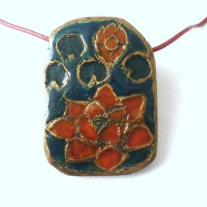 Water lily, lotus flower necklace, champleve, lotus jewelry, red blue green faux enamel gold polymer clay necklace, red leather cord