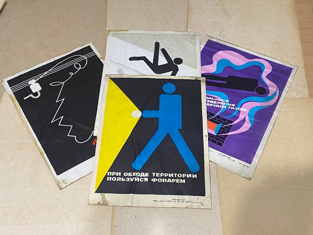 Vintage Soviet Safety Posters Set, Industrial Decor, Russian Text ...