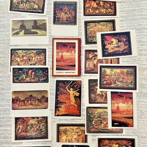 Miniature en laque, Jeu de cartes postales, Peinture russe, Propagande communiste, Grande Guerre patriotique, Jour de la Victoire le 9 mai, défilé à Moscou