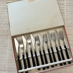 Vintage set of steel forks and table knives  original box,Soviet era Ukraine 80s  Made in USSR