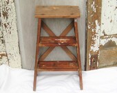 Vintage wooden step ladder, 2 foot ladder, natural brown, folding ladder, rustic distressed, plant stand, 60s, 70s