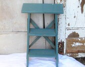 Vintage turquoise or teal wood ladder, 2 foot small folding ladder, painted blue green, plant stand, rustic distressed farmhouse decor