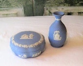 Pair of Wedgewood Jasperware lidded bowl box bud vase, blue white embossed designs, scalloped ornate decorative, mid century England