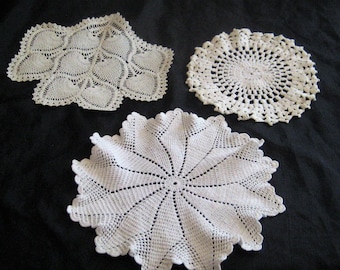 1950s hand done mid century large square doily vintage hand made crochet lace Set of four white crochet runner and doilies farmhouse