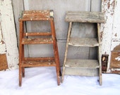 Vintage wooden step ladder, 2 foot ladder, natural brown wood, gray, folding ladder, rustic distressed, plant stand, 50s, 70s
