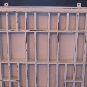 Vintage white wood cubby hole shelves, shelf for miniature display, rustic distressed primitive wood printers draw, farmhouse decor OOAK