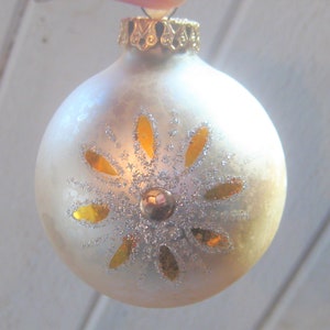 Collection of three glass tree ornaments, gold with silver glitter, decorative, filigree metal tops, vintage Christmas decor, large 2.5 inch