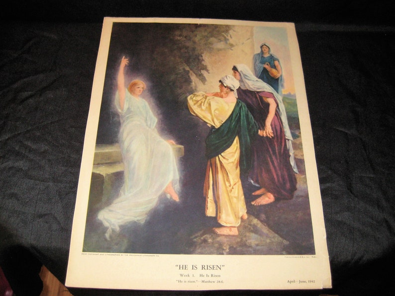 Antique Religious Lithograph He is Risen Jesus Angel Etsy