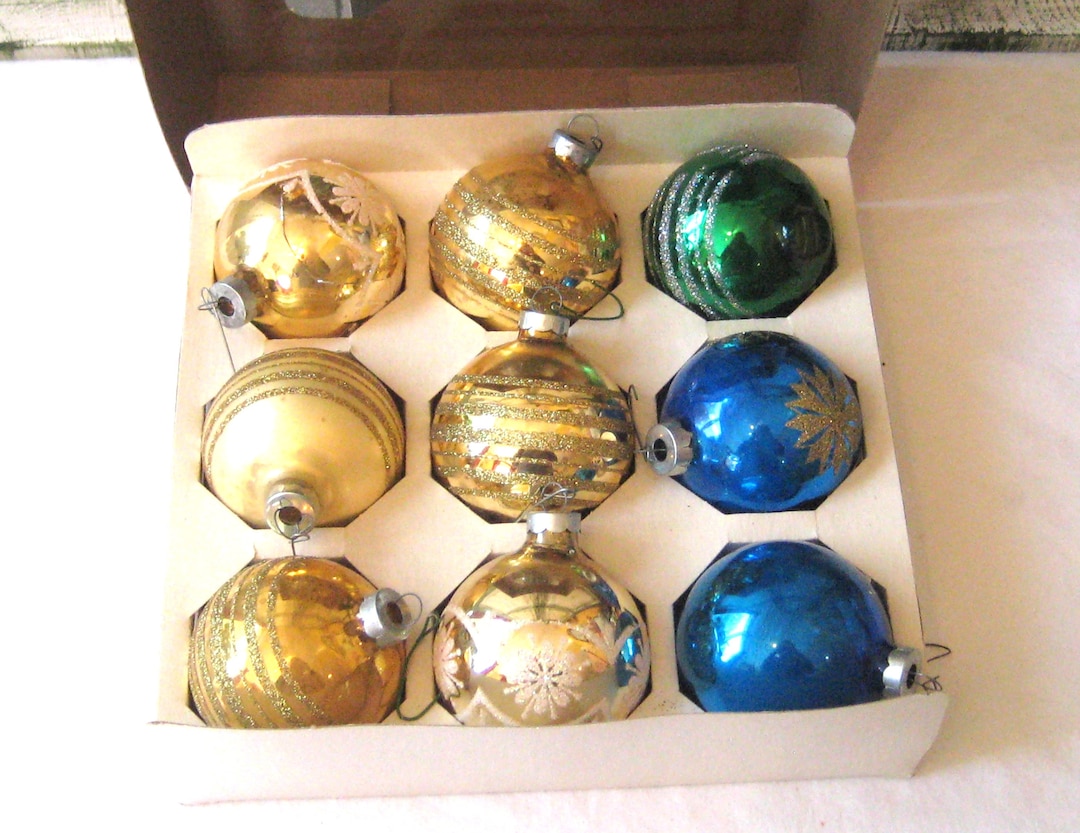 Vintage Boxed Glass Christmas Ornaments, Large Blue Green Gold Glitter ...