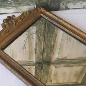 Antique wall mirror, wood gesso ornate rectangle mirror, muted gold decorative top medallion, rustic primitive farmhouse decor 1800s