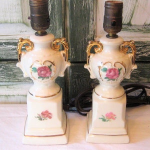 Pair of antique table lamps, petite small, urn shape with handles, ivory gold pink rose, 40s 50s mid century bedroom boudoir farmhouse decor