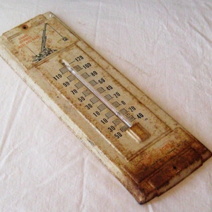 Antique wall thermometer, vintage advertising ivory beige metal hanging thermometer, George Igel Co mid century 30s 40s 50s rustic primitive