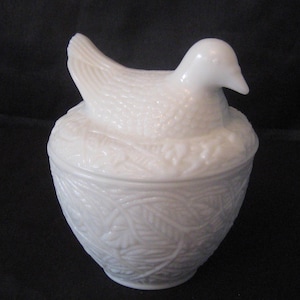 Vintage milk glass hen on nest, white ceramic duck chicken lidded bowl, Avon candle holder, 70s 80s, collectible Easter farmhouse decor