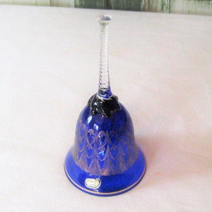 Cobalt blue glass bell, gold filigree, clear glass ornate handle, Czech Bohemian glass, made in Czechoslovakia, mid century, gift worthy