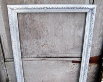 Antique wood picture frame, white wooden frame, carved wood, 16 x 24 inches, rustic distressed, large, wall decor, shabby cottage chic