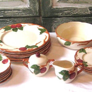 Vintage Franciscan Apple dinner plates saucers bread dessert plates, serving bowl creamer sugar set mid century 50s hand painted made in USA