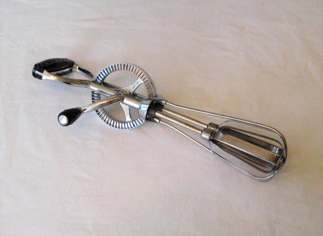 Antique Hand Crank Eggbeater Mixer, Black Wood Handle Knob, Ekco Made