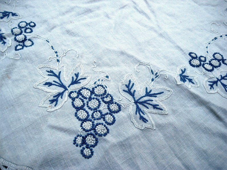Ivory Round Embroidered Tablecloth Blue White Grapes and Etsy