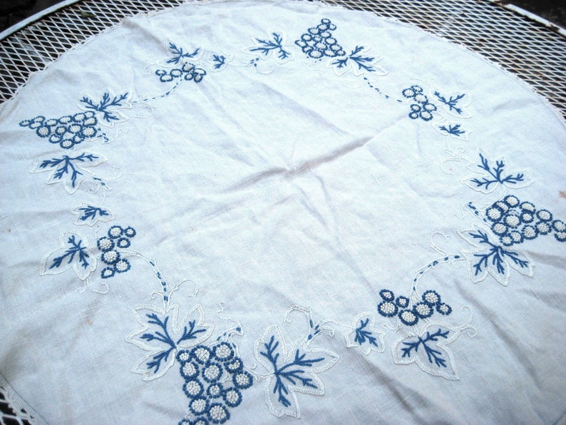 Ivory Round Embroidered Tablecloth Blue White Grapes and Etsy Australia